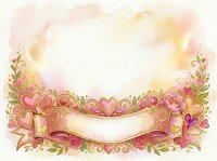 Ornamental floral frame with pink roses, hearts and golden ribbon banner on watercolor background, isolated design element for wedding invitations, greeting cards and romantic projects.