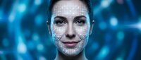 Young Caucasian woman with facial recognition grid overlay for biometric security and artificial intelligence technology applications.