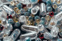 Colorful pharmaceutical capsules and pills in macro view, showing transparent, blue, red, and silver medication for healthcare and medical treatment.