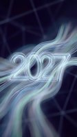 Glowing 2027 numbers with flowing light trails on dark background for New Year celebration and future technology concepts.