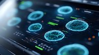 Glowing blue spherical cell structures on dark digital medical interface with data visualization elements and monitoring indicators for scientific research.