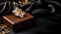 Elegant brown gift box with white lily flower on dark background with golden lights and silk fabric creating luxurious holiday atmosphere.