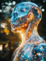 Translucent human figure with glowing orange and blue energy patterns inside, profile view against bokeh background, representing consciousness and inner light.