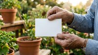 Senior man holding blank white card in garden with potted plants and greenery, suitable for gardening business promotions and horticultural marketing materials.