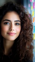Young Mediterranean woman with curly brown hair and natural makeup smiling warmly in modern office environment with colorful background elements.