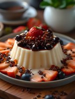Creamy vanilla panna cotta topped with chocolate chips, fresh strawberries and blueberries on gray ceramic plate, served on wooden table with dark sauce drizzle.