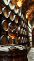 Glass of aged cognac on wooden barrel in traditional cellar with rows of oak barrels in background, warm atmospheric lighting creates luxurious mood.