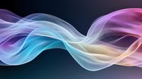 Ethereal flowing waves of translucent light in blue, pink and gold tones create dynamic abstract curves against dark background, suitable for modern design projects.