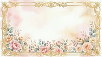 Ornate golden frame with pink and peach roses, eucalyptus leaves, and watercolor florals on cream background. Isolated design element for invitations, cards, and wedding stationery projects.