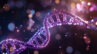 Glowing purple DNA helix structure with sparkles and bokeh effects on dark background, representing genetic research and biotechnology advancement.