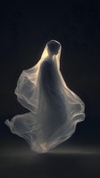 Ethereal figure draped in flowing white fabric against dark background, creating ghostly silhouette with dramatic lighting and mysterious atmosphere.