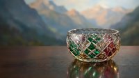 Ornate crystal bowl with colorful geometric pattern sits on wooden table against blurred mountain landscape background for luxury home decor and elegant dining.
