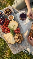Pregnant woman in casual beige clothing arranging charcuterie board with cheese, cured meats, fresh grapes, tomatoes, olives, honey, and crackers outdoors on wooden surface with red wine.