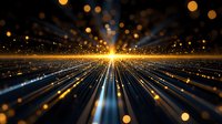 Glowing light rays burst with golden particles and bokeh effects on dark background, creating dynamic perspective movement and energy flow pattern.