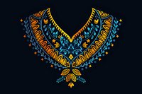 Ethnic neckline embroidery pattern in blue and gold colors with floral and geometric ornaments on dark background, traditional folk art design for fashion.