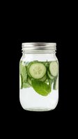 Glass jar with cucumber slices and fresh mint leaves in infused water, isolated on transparent background. Ready for beverage, wellness, and recipe design projects including print-on-demand and sublimation.