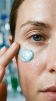 Young woman applying blue eye cream or serum under eye area for anti-aging skincare routine and wrinkle prevention in modern bathroom setting.