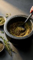 Stone mortar and pestle grinding fresh herbs and spices on dark slate surface with thyme sprigs and seasoning bowls for culinary preparation.