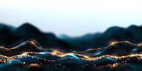 Abstract glowing waves with golden and blue light particles flowing on dark background, creating dynamic motion effect for technology and data visualization.