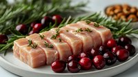 Raw pork belly slices garnished with fresh rosemary sprigs and red cranberries on white ceramic plate, close up view of meat preparation.