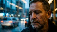 Mature man with beard gazing through rain-covered window at night cityscape with blurred lights. Contemplative mood suitable for editorial, mental health, loneliness, urban lifestyle, and introspection themes.