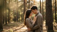 Young couple embracing intimately in autumn forest with warm sunlight filtering through trees creating romantic golden hour atmosphere for love concepts.