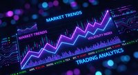 Financial market analytics dashboard with glowing purple charts showing upward trends and trading data visualization for business presentations.