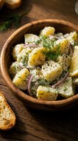 Creamy potato salad with fresh dill, red onion, and seasoning in wooden bowl on rustic table. Perfect for summer gatherings and meal planning.