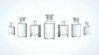 Collection of clear glass laboratory bottles and jars with stoppers arranged in row on white background for scientific research and storage.