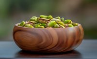 Fresh green pistachios in wooden bowl on dark table against blurred natural background, macro food photography showing texture and detail of nuts.
