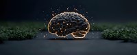 Glowing brain silhouette with golden particles floating against dark background, surrounded by green moss. Conceptual visualization of mind, consciousness and intelligence.