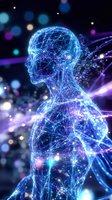 Glowing blue digital wireframe figure with neural network pattern against dark background with bokeh lights and purple energy streams flowing through connected nodes.