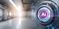 Futuristic AI technology concept with glowing purple circular interface and digital elements against blurred modern office corridor background.