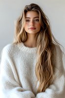 Young Caucasian woman with long blonde hair wearing cozy white knit sweater looking at camera against light background, natural makeup and soft lighting.