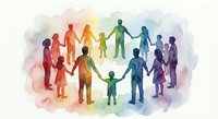 Diverse group of people holding hands in colorful watercolor style representing unity, teamwork and community connection on white background.