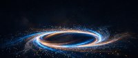 Cosmic black hole with glowing accretion disk and swirling matter in deep space surrounded by stars and cosmic dust particles creating luminous spiral formation.