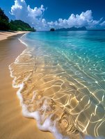Pristine sandy beach with crystal clear turquoise water, gentle waves creating ripple patterns on shore, lush green mountains and white clouds in tropical paradise.