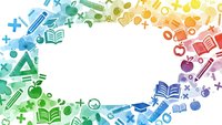 Colorful education icons border frame with school supplies, books, graduation cap, apple, pencils creating rainbow gradient background for learning concepts.