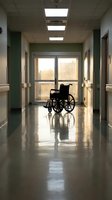 Empty wheelchair in hospital corridor with sunlight streaming through windows creating dramatic shadows on polished floor for healthcare concepts.