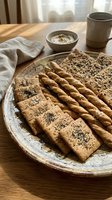 Whole grain crackers and breadsticks topped with sesame seeds arranged on rustic ceramic plate with dip and beverage for healthy snacking.