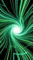 Green digital spiral vortex with binary code streams flowing into bright center on black background for technology and data visualization concepts.