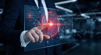 Businessman touching futuristic holographic interface with glowing red target circle and digital network connections for technology presentations.