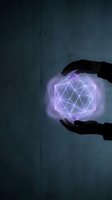 Hands protecting glowing purple geometric hologram with sacred geometry pattern on dark blue background for technology and innovation concepts.