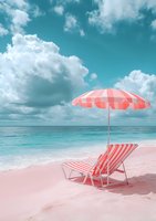 Pink striped beach chair and umbrella on sandy tropical beach with turquoise ocean water and dramatic cloudy sky, dreamy summer vacation scene.