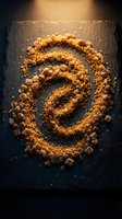 Golden brown sugar crystals and granules arranged in spiral pattern on dark slate surface for culinary and baking projects.
