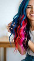 Young woman with long wavy hair featuring vibrant blue, red, and pink color streaks, smiling while touching her hair. Suitable for beauty, hair care, and fashion marketing.