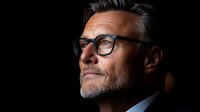 Mature businessman with glasses looking up thoughtfully against dark background, professional portrait of confident middle-aged man in contemplation.