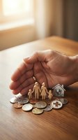 Protective hand covering wooden family figures with coins and insurance symbols representing financial security and family protection planning.