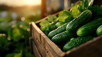 Fresh green cucumbers in rustic wooden crate at farmers market, natural organic produce with soft bokeh background lighting creates appetizing mood.