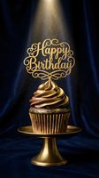 Chocolate cupcake with golden Happy Birthday topper on a gold stand, spotlight glow, dark blue velvet background for elegant celebration cards.